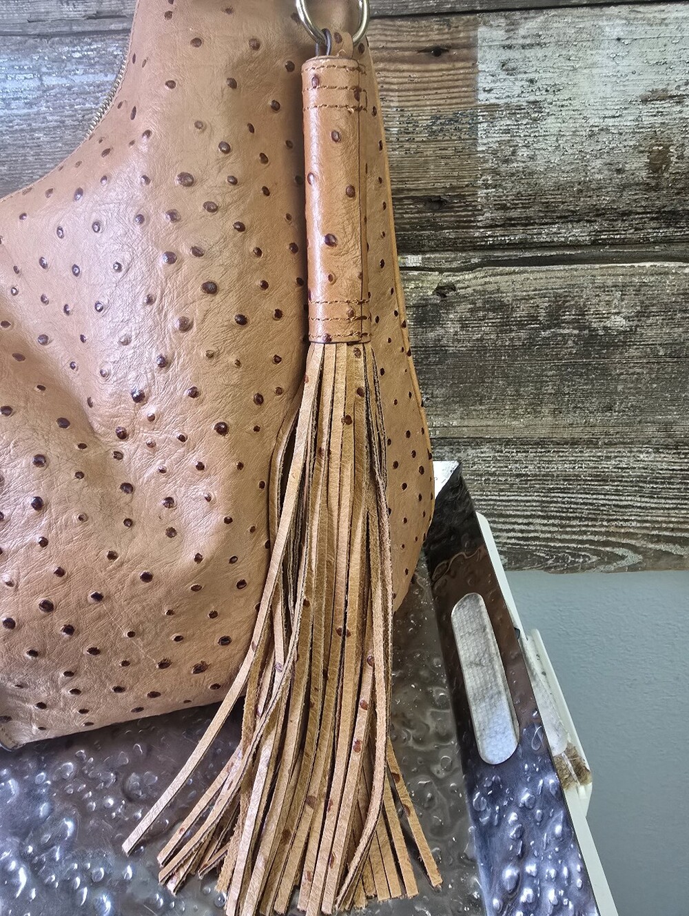 G.I.L.I. Ostrich Embossed Leather Hobo Bag With Tassel, Like New - Picture 3 of 11